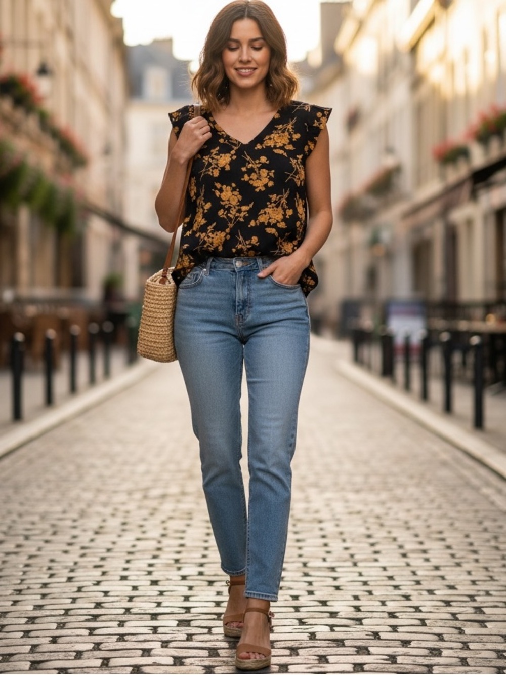 SHEIN Black and Gold Floral Short Sleeve Top